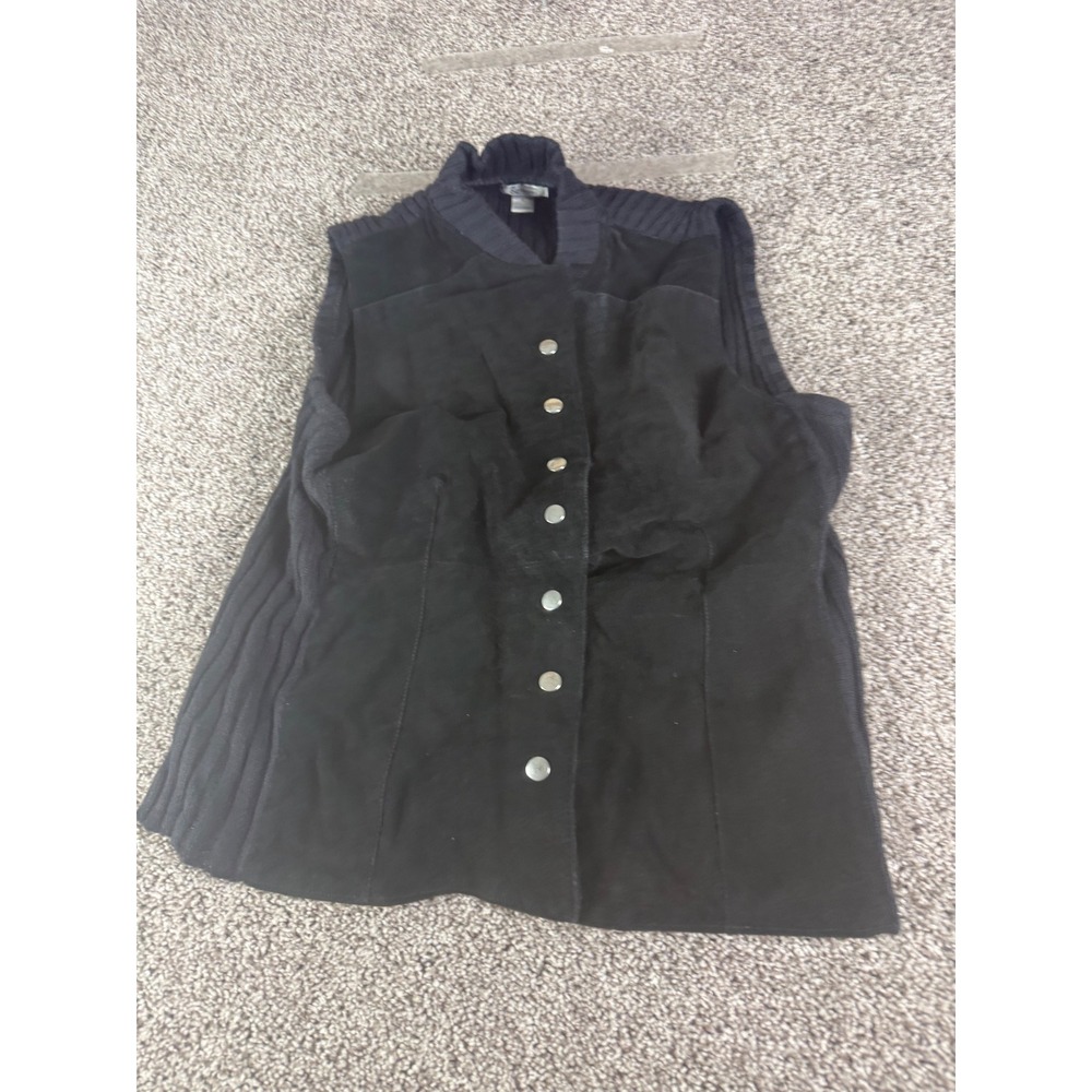 Christopher & Banks Womens XL Black Leather Front Ribbed Knit Back Vest Mock Nec